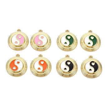 Rack Plating Light Gold Alloy Enamel Pendants, Cadmium Free & Lead Free, Flat Round with Yin Yang, Mixed Color, 20x18x3.5mm, Hole: 1.6mm