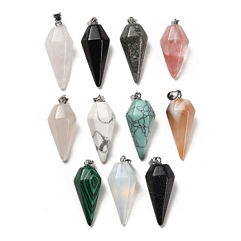 Natural & Synthetic Mixed Gemstone Pendants, Faceted Cone Charms with Platinum Plated Iron Snap on Bails, 31~35x14x13mm, Hole: 5x4mm