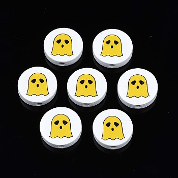 Halloween Printed Natural Wood Beads, Flat Round with Ghost Pattern, Gold, 19~20x5.9mm, Hole: 2~2.2mm