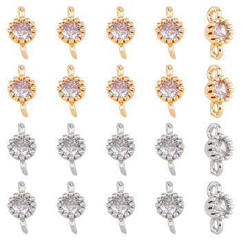 20Pcs 2 Colors Brass Pave Glass Connector Charms, Single Stone Flat Round Links, Platinum & Golden, 8x4x3mm, Hole: 1.2mm, 10pcs/color