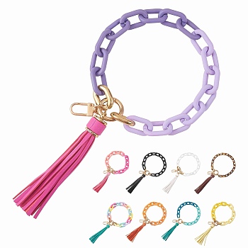 Chain Link Wristlet Keychain, Acrylic Bracelet Tassel Keychain, with Alloy Findings, Cerise, 29cm