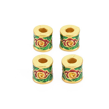 Rack Plating Alloy Enamel European Beads, Large Hole Beads, Long-Lasting Plated, Matte Style, Cadmium Free & Nickel Free & Lead Free, Column with Flower, Green, 9x10mm, Hole: 4mm