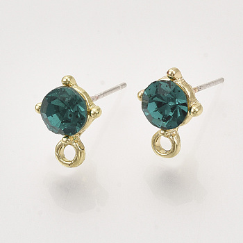 Alloy Stud Earring Findings, with Glass Rhinestones, Loop and Raw(Unplated) Pin, Golden, Blue Zircon, 11.5x8.5mm, Hole: 1.8mm, Pin: 0.7mm