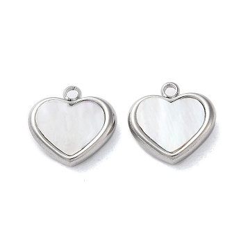 304 Stainless Steel with Synthetic Shell Charms, Heart Charms, Stainless Steel Color, 11x11x3mm, Hole: 1.4mm