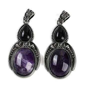 Natural Amethyst & Obsidian Pendants, Gourd Charms with Antique Silver Tone Alloy Findings, Cadmium Free & Lead Free, 44.5x23x7.5mm, Hole: 4x6mm