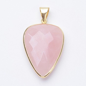 Faceted Natural Rose Quartz Pendants, with Golden Tone Brass Findings, teardrop, 40x27x7~9mm, Hole: 4x5mm