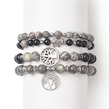 Gemstone Stretch Bracelets Sets, Alloy Tree of Life Charm Bracelets for Women, Inner Diameter: 2-1/8 inch(5.5cm), 4pcs/set