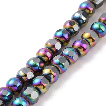 Electroplated Non-magnetic Synthetic Hematite Beads Strands, Faceted, Round, Multi-color Plated, 6~6.5x5~5.5mm, Hole: 1.4mm, about 73pcs/strand, 15.59~15.75 inch(39.6~40cm)