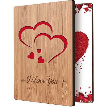 Bamboo Greeting Card & Paper Envelope with Bowknot, Rectangle with Hollow Pattern, Heart Pattern, 150~173x110~124x7mm, 2pcs/set