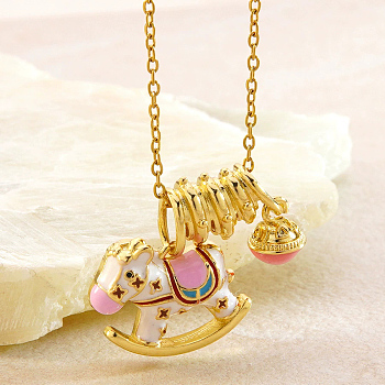 304 Stainless Steel Enamel Pink Coin Horse Pendant Necklaces for Women, Golden, 16.22 inch(41.2cm)
