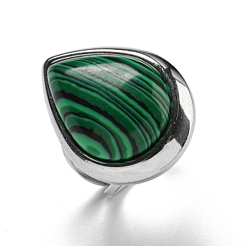 304 Stainless Steel Synthetic Malachite Cuff Rings, Teardrop Open Rings for Women Men, Stainless Steel Color, Adjustable