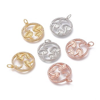 Autumn Theme Brass Micro Pave Clear Cubic Zirconia Pendants, with Jump Rings, Long-Lasting Plated, Flat Round with Mushroom, Mixed Color, 21x19x3mm, Hole: 3.5mm