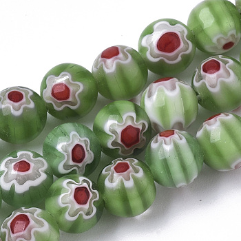 Handmade Millefiori Lampwork Beads Strands, Round, Olive Drab, 8mm, Hole: 1.2mm, about 48pcs/strand, 14.17 inch(36cm)