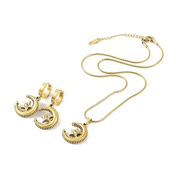 Moon 304 Stainless Steel Rhinestone Hoop Earrings & Pendant Necklaces Jewelry Sets for Women, Golden, 400mm