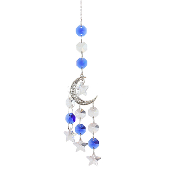 Alloy Big Pendant Decorations, Moon Hanging Sun Catchers, K9 Crystal Glass, with Iron Findings, for Garden, Wedding, Lighting Ornament, Cornflower Blue, 440~450mm