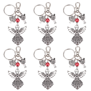 PandaHall Elite 6Pcs Tibetan Style Alloy Angel Pendant Keychain with Fairy Charm and Tree of Life Charm, with Iron Findings, Antique Silver, 9.5cm