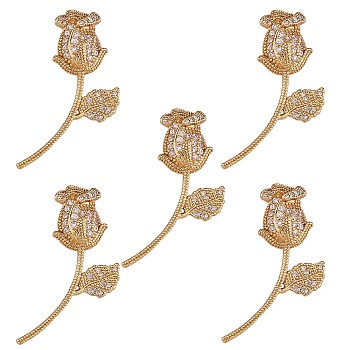 5Pcs Brass Micro Pave Clear Cubic Zirconia Pendants, Nickel Free, Flower, Real 16K Gold Plated, 35x16x8mm, Hole: 3x6mm