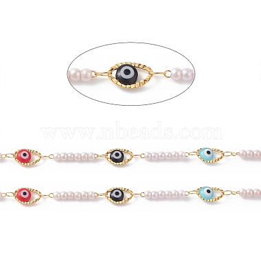 304 Stainless Steel Resin Evil Eye Link Chains with ABS Imitation Pearl Beads(CHS-P016-33G)-2
