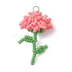 Glass Seed Beaded Flower Pendans, with Glass Pearl Round Bead and 304 Stainless Steel, Pink, 31.5x20x17~18mm, Jump Ring: 4x0.5mm, Inner Diameter: 3mm(PALLOY-MZ01224-02)