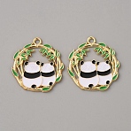 Alloy Enamel Pendants, Panda Bamboo Charm, Light Gold, Green, 27.5x25.5x1.5mm, Hole: 2mm(FIND-TAC0010-72D)