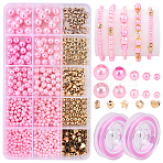 DIY Glass Pearl & CCB Plastic Bead Elastic Bracelets Making Kits, Pink, 0.8mm(DIY-YW0012-83)