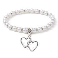 Glass Pearl Beaded Stretch Bracelets, with Alloy Charms, Heart, Inner Diameter: 2-1/2 inch(6.2cm), Pendant: 23.5x23mm(BJEW-JB09696-01)