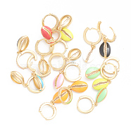 Brass Micro Pave Clear Cubic Zirconia Huggie Hoop Earrings, with Enamel, Cowrie Shell Shape, Golden, Mixed Color, 28.5mm, Pin: 1mm(EJEW-L234-68)