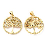 Brass Micro Pave Cubic Zirconia Pendants, Lead Free & Cadmium Free, Flat Round with Tree of Life Charms, Real 18K Gold Plated, 25x22.5x4mm, Hole: 5x3.5mm(KK-M249-21G)