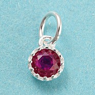 925 Sterling Silver Charms, with Cubic Zirconia, Faceted Flat Round, Silver, Medium Violet Red, 7x5x2.5mm, Hole: 3mm(STER-G035-01D-01)