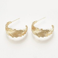Brass Stud Earrings, Half Hoop Earrings, Leaf, Nickel Free, Real 18K Gold Plated, 24x11.5mm, Pin: 0.8mm(KK-T027-83G)