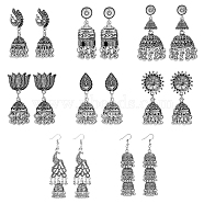 8 Pairs 8 Style Alloy Bell Chandelier Earrings Set, Peacock & Lotus & Teardrop & Cone Drop Earrings, Antique Silver, 43~91x15~26mm, 1 Pair/style(EJEW-FI0002-93)