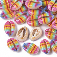 Printed Natural Cowrie Shell Beads, No Hole/Undrilled, Rainbow Style, Colorful, 18~21x12~15x7mm(X-SSHEL-R047-01-A06)