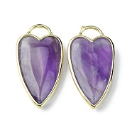Natural Amethyst Pendants, Faceted Heart Charms, with Rack Plating Light Gold Plated Brass Edge, 34.5x18x7mm, Hole: 7x5mm(G-O204-02G)