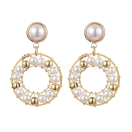 Ring Shell Pearl Beaded Dangle Earrings, Brass Stud Earrings for Women, WhiteSmoke, 40x26mm(EJEW-TA00511)