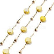 304 Stainless Steel Handmade Beaded Chain, with Electroplated Glass, with Spool, Soldered, Real 18K Gold Plated, Flat Round, Yellow, 5.5x5.5x3.5mm, about 16.40 Feet(5m)/Roll(CHS-K019-03G-04)