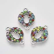 Antique Silver Tone Alloy Links connectors, with Resin, Flat Round with Hamsa Hand/Hand of Fatima/Hand of Miriam, Colorful, 21.5x15x2.5mm, Hole: 1.8mm(X-PALLOY-T072-017AS)
