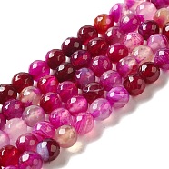 Natural Striped Agate/Banded Agate Beads Strands, Dyed, Faceted, Round, Magenta, 8mm, Hole: 1mm, about 48pcs/strand, 15.7 inch(G-H1593-8mm-1)