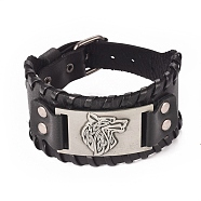 Full Grain Leather Cord Bracelets, with Alloy Link and Watch Band Clasps, Rectangle with Wolf Head, Antique Silver, 10-3/4 inch(27.3cm), 39x8mm(BJEW-G620-B01)