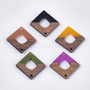 Resin & Walnut Wood Links connectors, Rhombus, Mixed Color, 27.5x27.5x3~3.5mm, Hole: 2mm(RESI-S367-15)