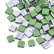 2-Hole Glass Seed Beads, Half Platinum Plated Colours, Square, Light Green, 5x4.5~5.5x2~2.5mm, Hole: 0.5~0.8mm, about 1180pcs/bag(SEED-S031-L-047-K)