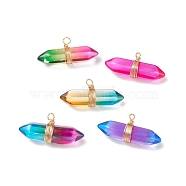 Glass Pendants, Wire Wrapped Pendants, with Brass Findings, Bullet, Light Gold, Mixed Color, 16x33x10mm, Hole: 2mm(PALLOY-JF01740-02)