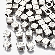 CCB Plastic Beads, Horizontal Hole, Cube with Letter, Platinum, 6x6x6mm, Hole: 3mm, about 2800pcs/500g(CCB-N004-001B-P)