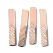 Transparent Resin & Wood Big Pendants, Two Tone, Rectangle, Pink, 52x7.5x3.5mm, Hole: 2mm(RESI-T035-19-B01)