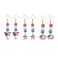 304 Stainless Steel Dangle Earrings, Independence Day Theme Baking Painted Pearlized Glass Pearl Beaded Earring, Alloy Enamel & Rhinestone Butterfly/Star/Lip Pendant Earring for Women, Mixed Color, 58~64mm, Pin: 0.8mm, 3 pairs/set(EJEW-JE05179)