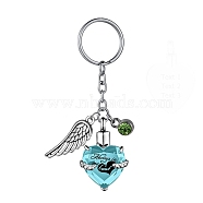 Stainless Steel Keychain, with Urn Ashes and Wing Pendant, Sky Blue, Pendant: 2.5x2.1cm(PW-WG74371-23)