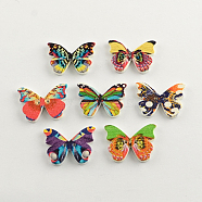 2-Hole Printed Wooden Buttons, Butterfly, Mixed Color, 21x28x3mm, Hole: 1.5mm(BUTT-R031-204)