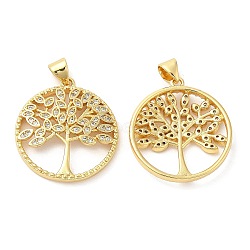 Brass Micro Pave Cubic Zirconia Pendants, Lead Free & Cadmium Free, Flat Round with Tree of Life Charms, Real 18K Gold Plated, 25x22.5x4mm, Hole: 5x3.5mm(KK-M249-21G)