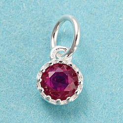 925 Sterling Silver Birthstone Charms, with Single Cubic Zirconia, Faceted Flat Round, Silver, Medium Violet Red, 7x5x2.5mm, Hole: 3mm(STER-G035-01D-01)