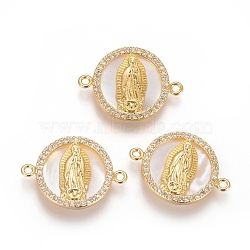 Brass Micro Pave Cubic Zirconia Links connectors, with Shell, Flat Round with Virgin Mary, Clear, Golden, 15x21x2.5mm, Hole: 1.2mm(KK-I656-30G-01)