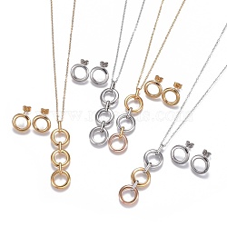 304 Stainless Steel Jewelry Sets, Pendant Necklaces and Stud Earrings, Ring with Ring, Mixed Color, 17.71inches(45cm); 15x2.5mm, Pin: 0.7mm(STAS-I108-09)